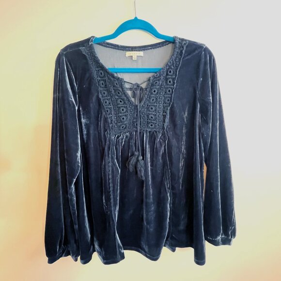 Kate & Sam Velvet Boho Lace Crochet Tassel Long Sleeve Blouse - Large - Picture 2 of 5